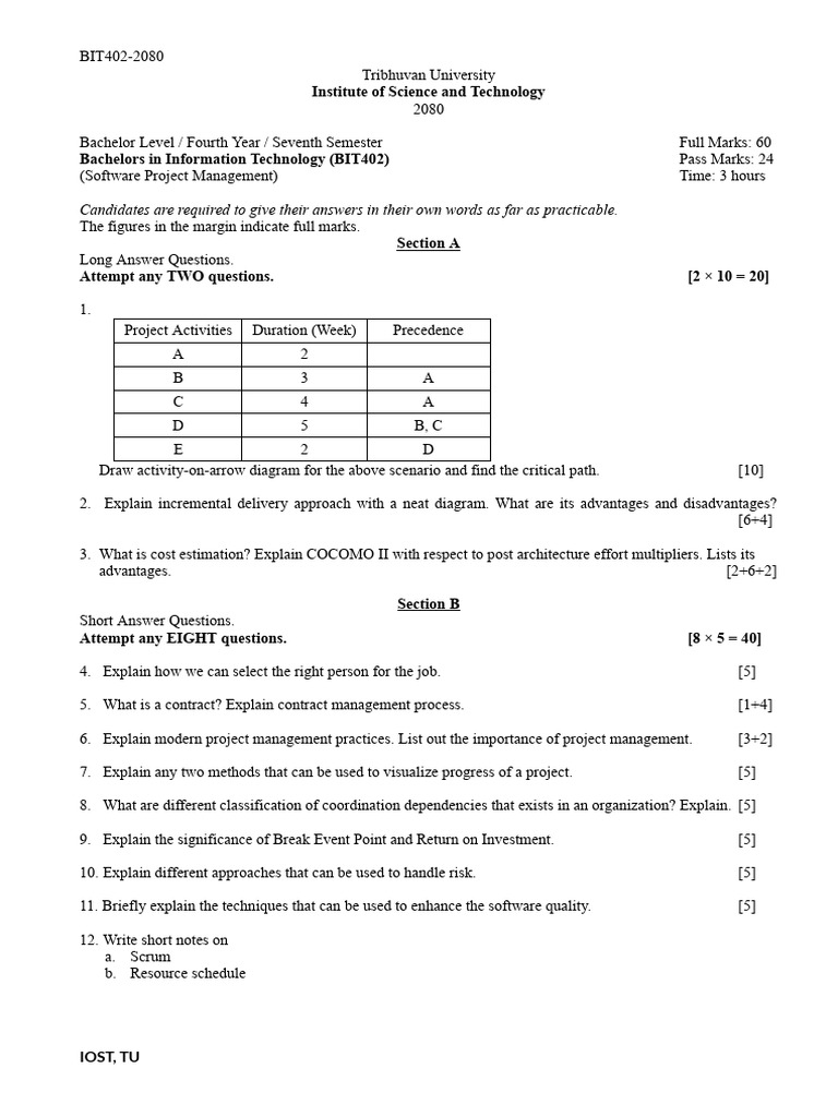 BIT402 Software Project Management Exam | PDF | Project Management