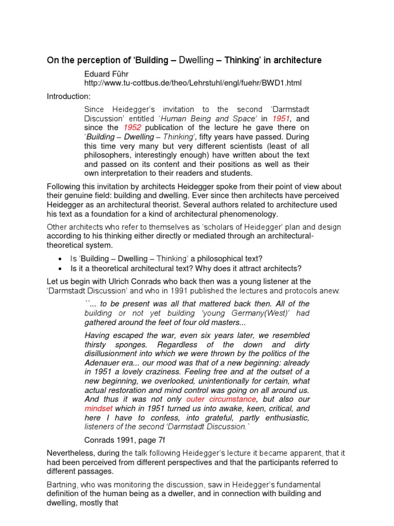 On BuildingDwellingThinking in Architecture PDF Martin Heidegger