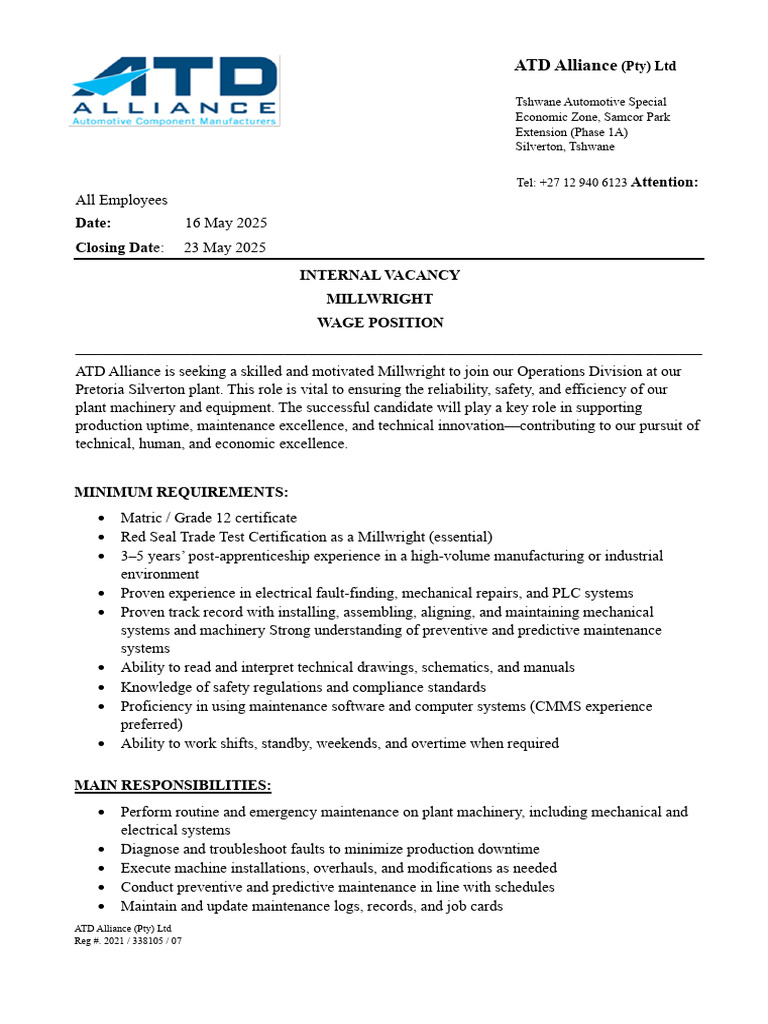 Internal Millwright-16-05-2025 | PDF | Business