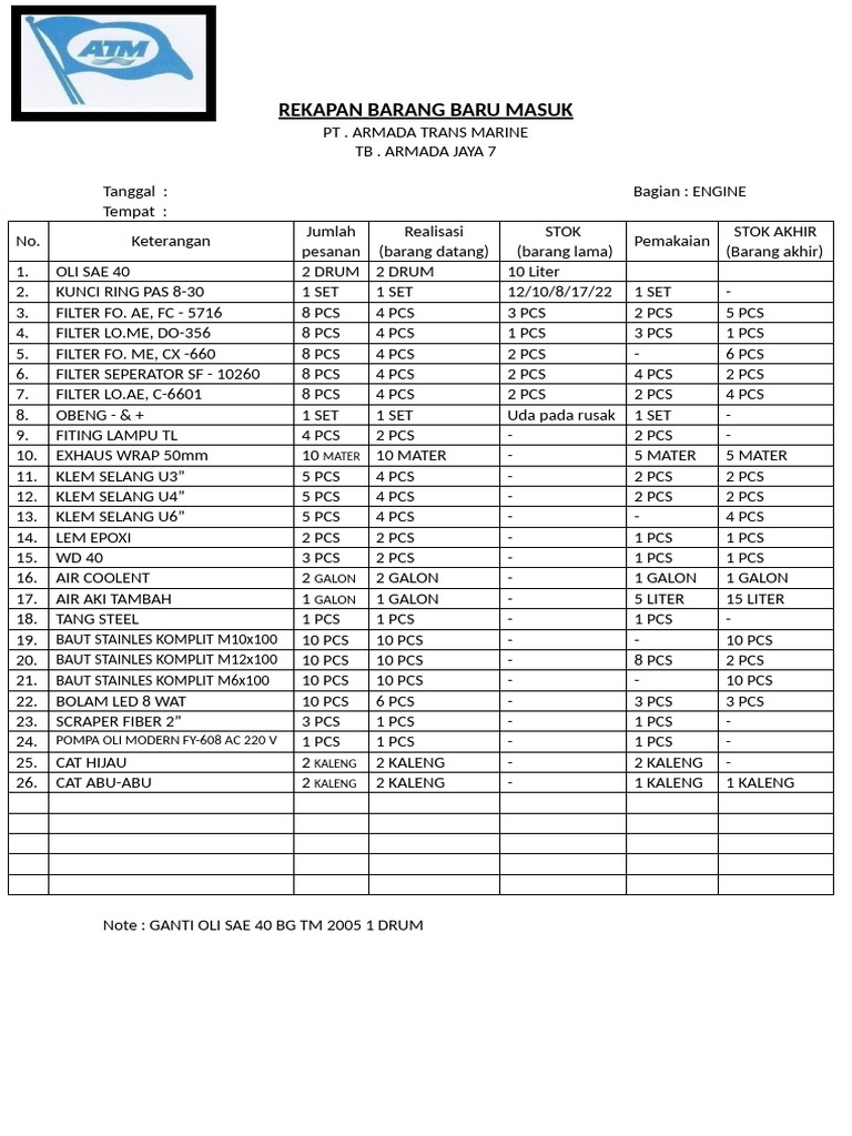 Rekap Barang Masuk PT Armada Trans Marine | PDF