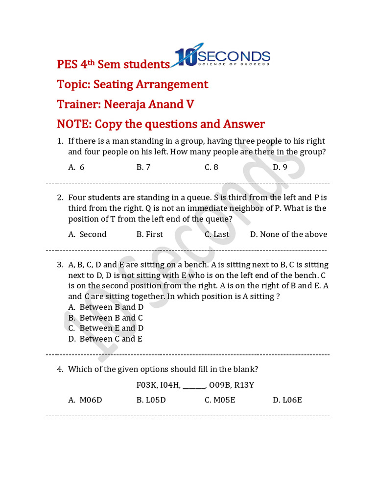 PES 4th Seating Arrangement Class Notes Extra | PDF | Chess Theory | Chess