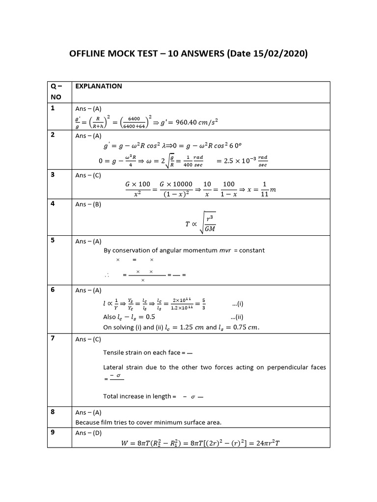 Mock Test Answer Key - 10 (15!02!2020) | PDF | Density | Physical Chemistry