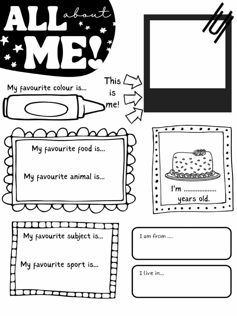 Black and White All About Me Back To School Worksheet | PDF