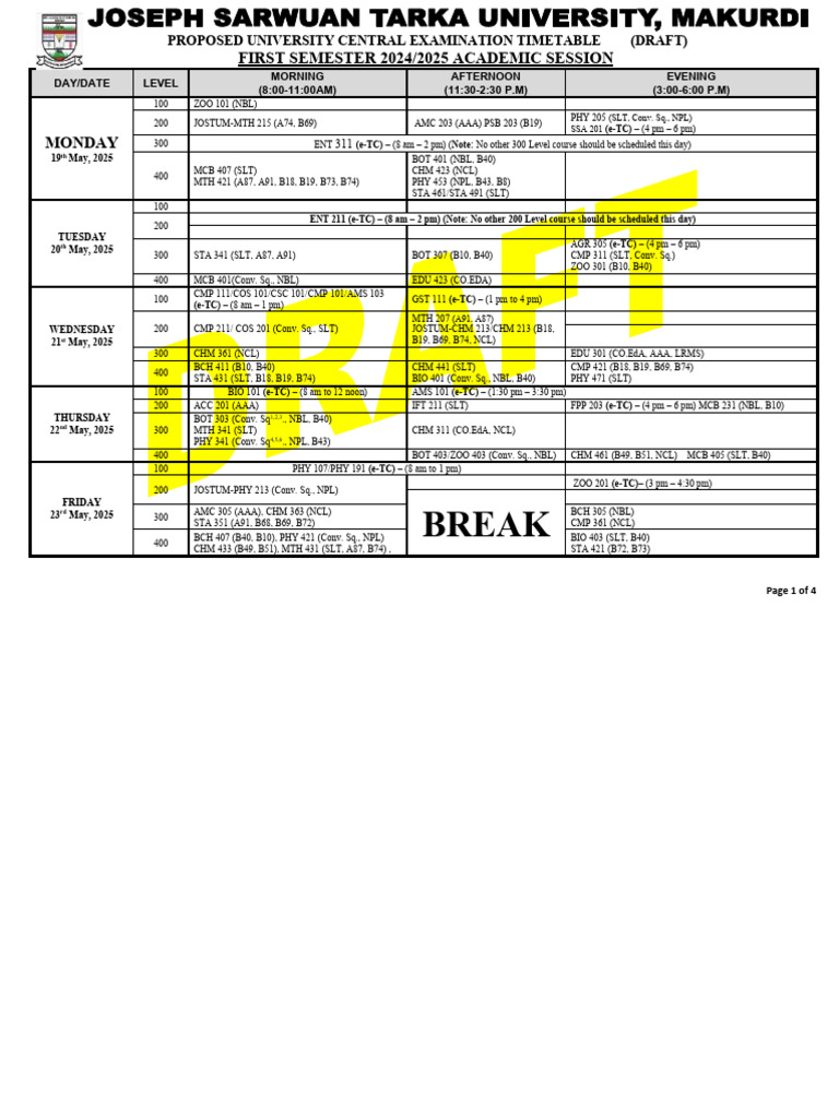 2025 First Semester Exam Timetable | PDF | Academic Administration ...