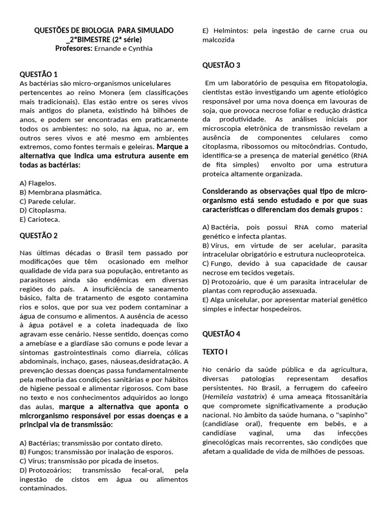 Simulado de Biologia: Questões e Gabarito | PDF | Célula (Biologia ...
