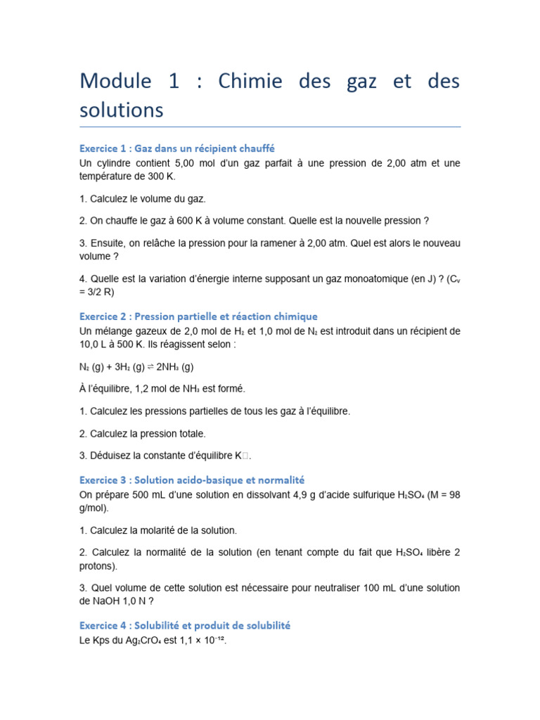 Exercices de chimie des gaz et solutions | PDF