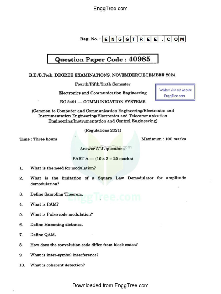 EC3491 Communication Systems Nov Dec 2024 Question Paper Download | PDF