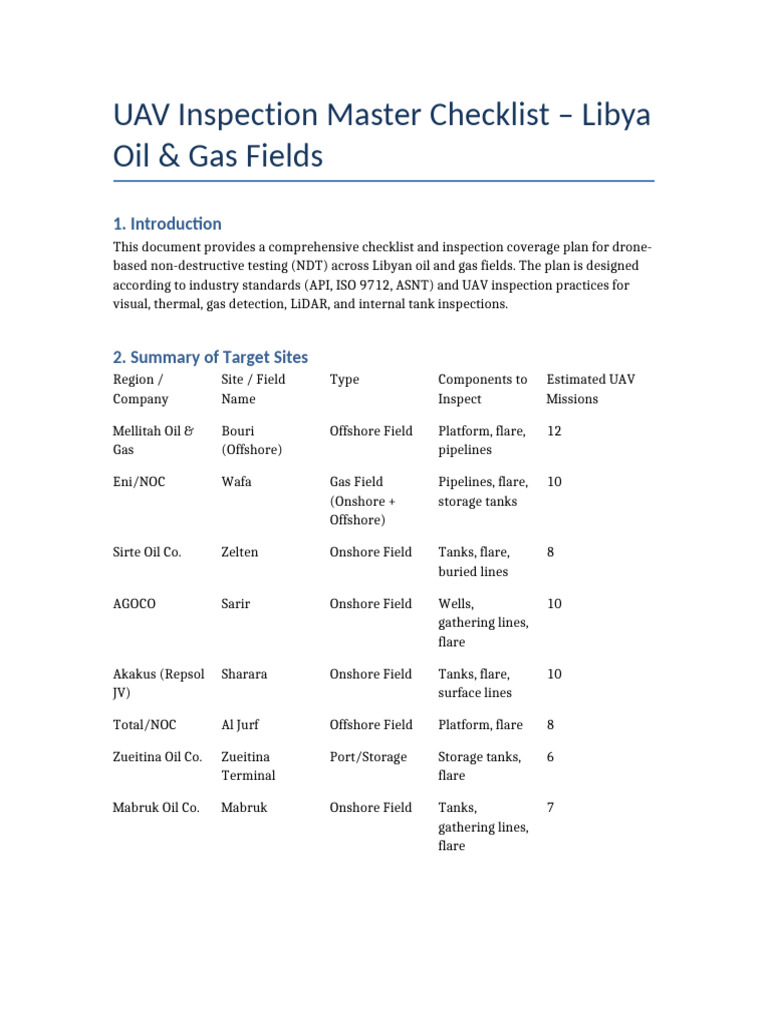 UAV Inspection Checklist for Libya Oil Fields | PDF | Unmanned Aerial ...