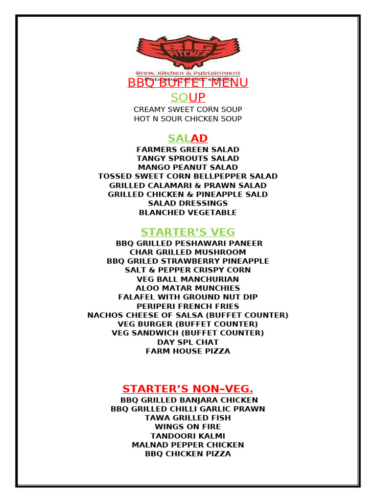 Oar BBQ Seafood Buffet Menu | PDF