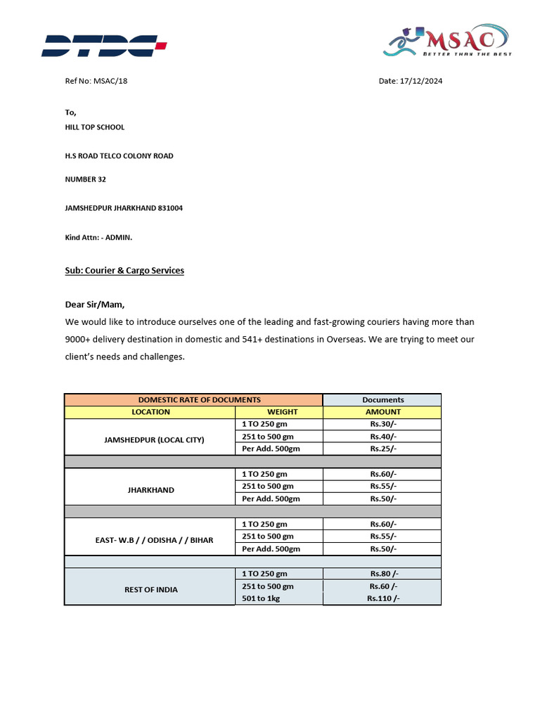 Courier Rates and Services Overview | PDF | Payments | Government Finances