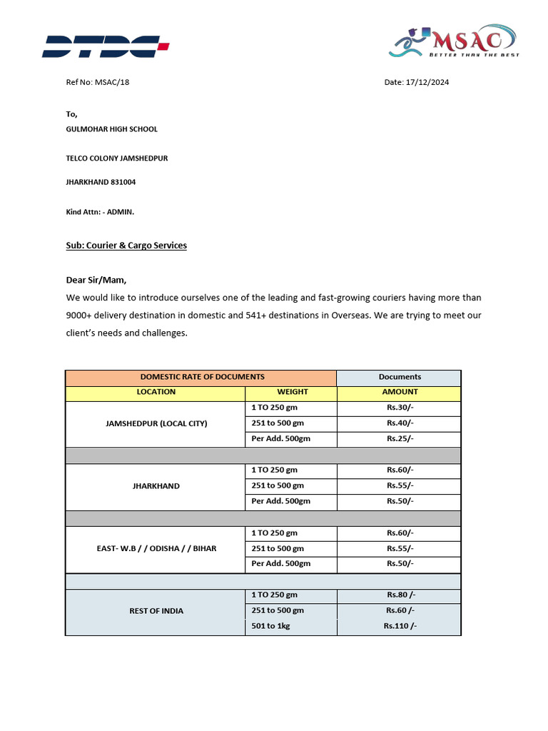 DTDC Quatation For Gulmohar High School | PDF | Payments | Taxes