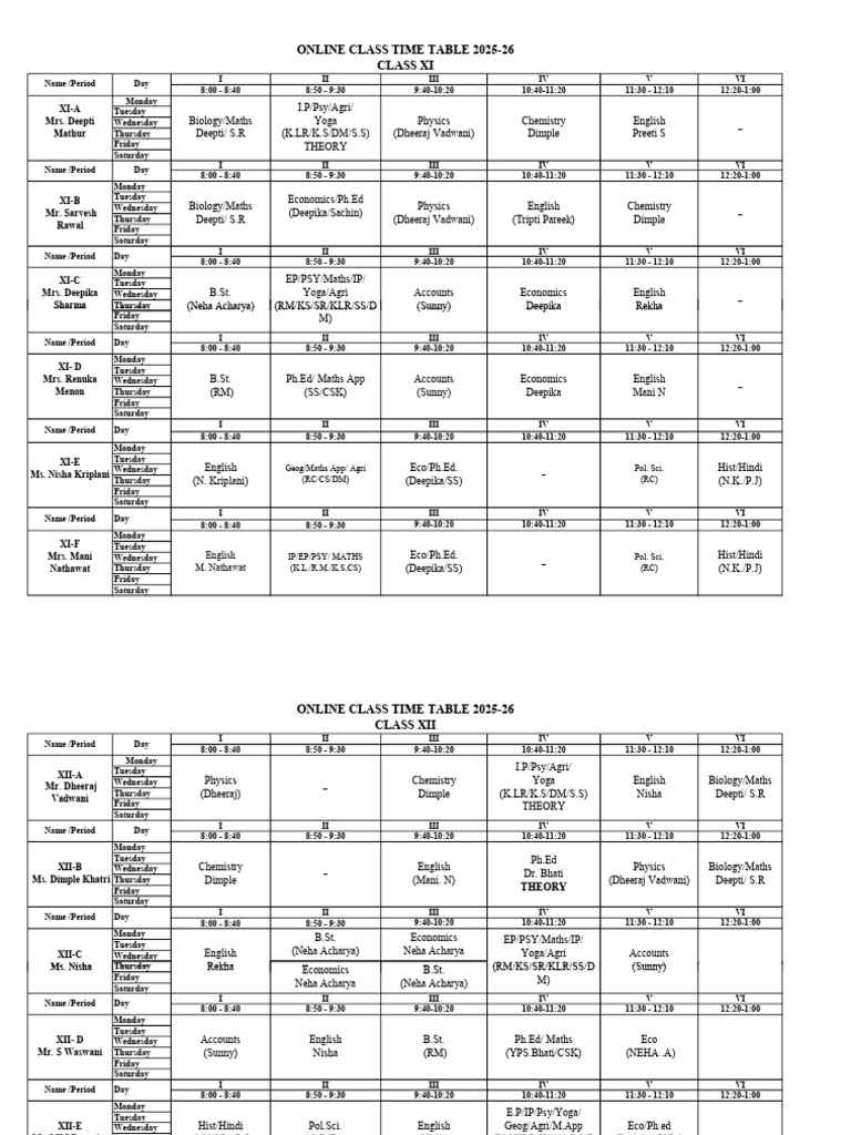 Online Class Timetable 2025-26 | PDF | Physical Sciences