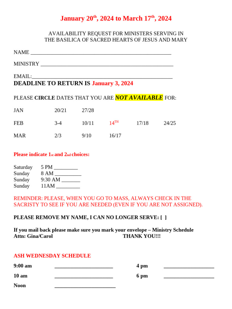 Availability For Jan - Mar 17, 2024 | PDF