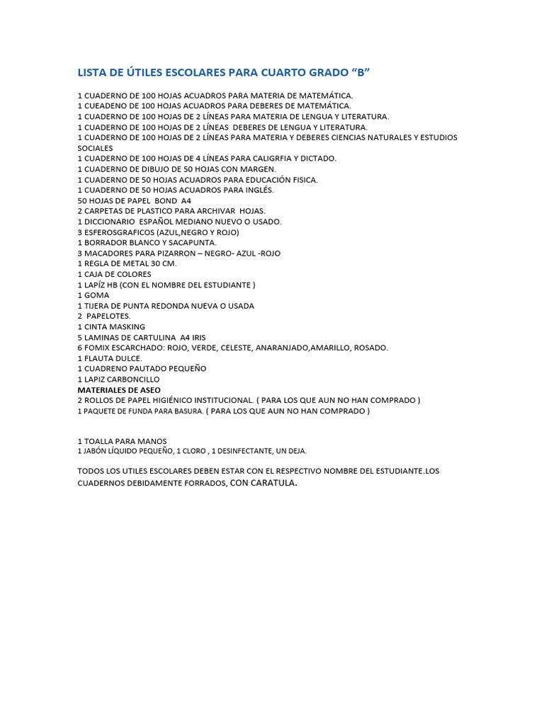 Lista de Útiles Escolares para Cuarto Grado B | PDF