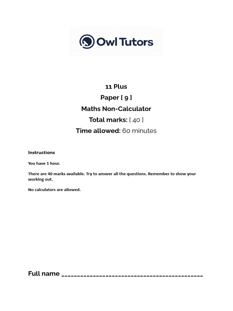 11 Plus Maths Non-Calculator Paper | PDF