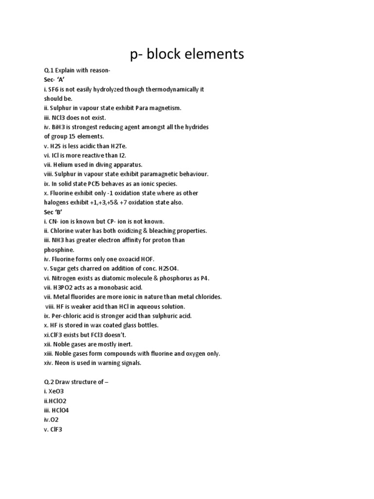 P-Block Elements: Properties and Reactions | PDF | Science & Mathematics