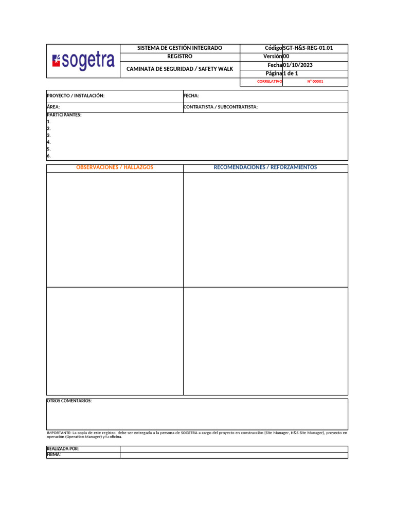 Copia de Formato de Registro Safety Walk - SGT | PDF