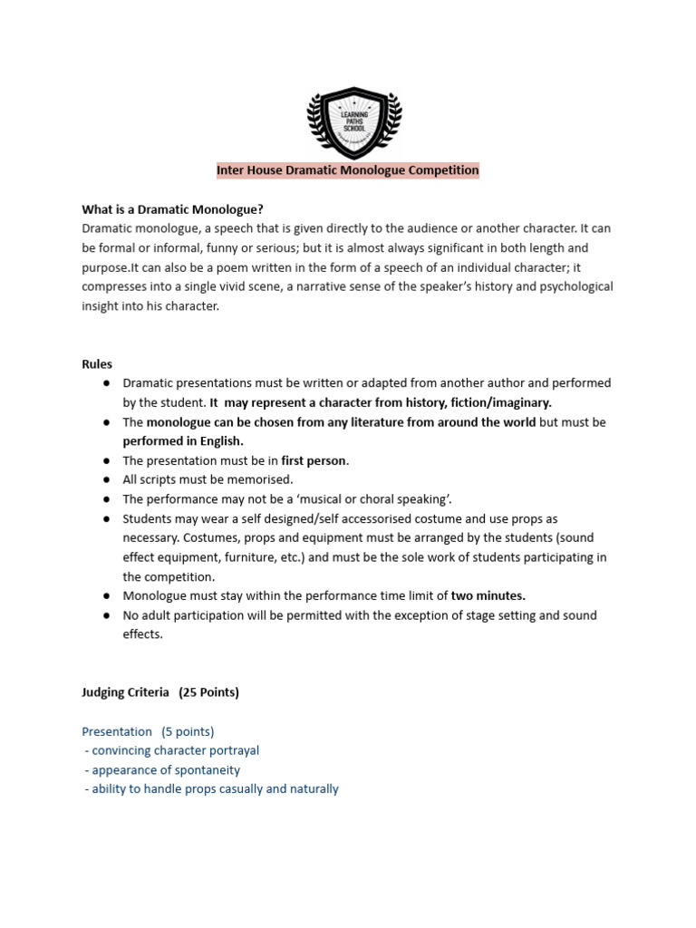 Inter House Dramatic Monologue Rules | PDF | Monologue