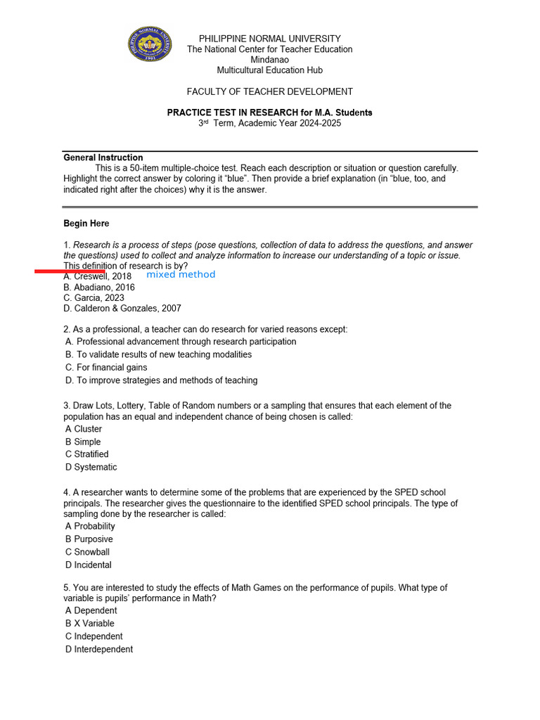M.A. Research Practice Test Guide | PDF | Sampling (Statistics ...
