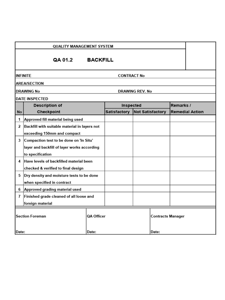 Backfill Quality Management Checklist | PDF
