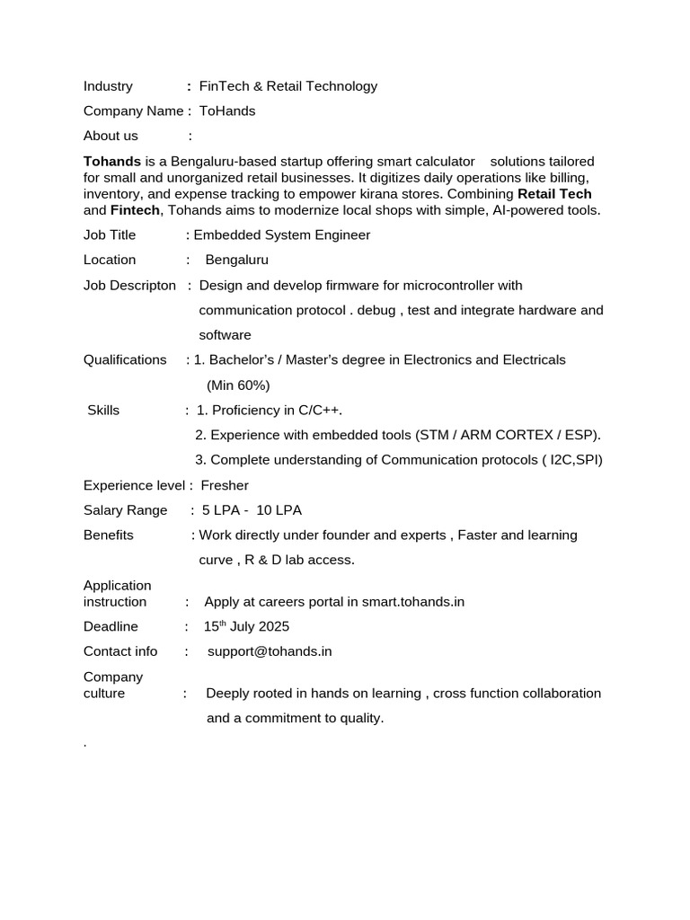 Embedded System Engineer JD | PDF