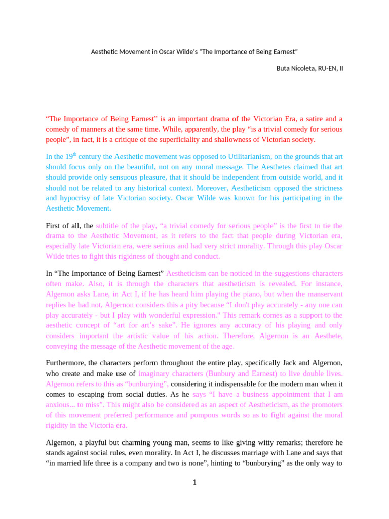 Aestheticism in Wilde's Earnest | PDF | The Importance Of Being Earnest ...