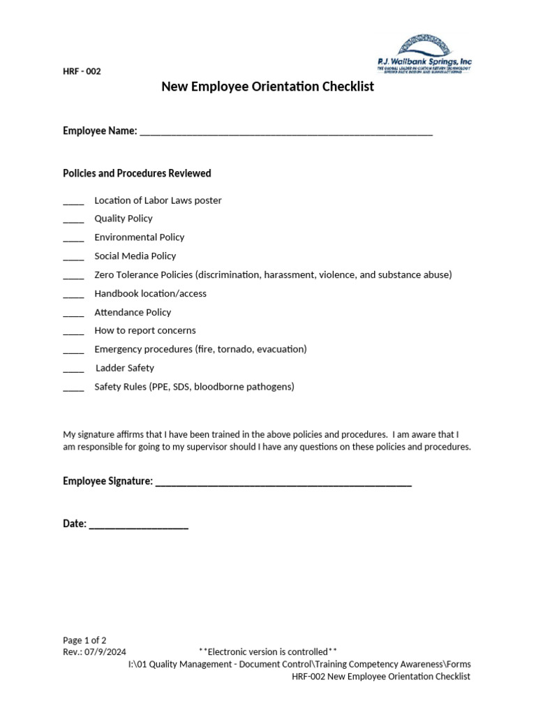 HRF-002 New Employee Orientation Checklist - 07!09!2024 | PDF