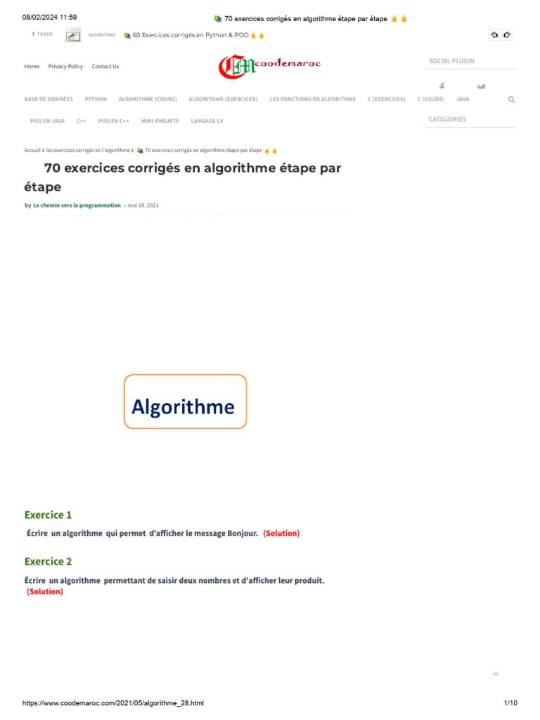 70 Exercices Corrigés en Algorithme | PDF | Multiplication | Mathématiques