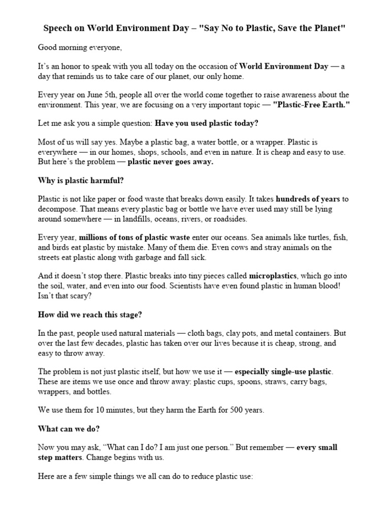 Env Day Speech | PDF | Plastic | Waste