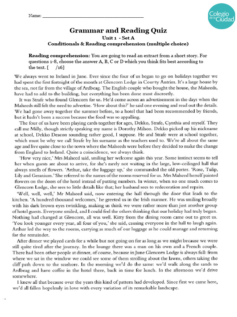 Grammar And Reading Quiz Set A Pdf