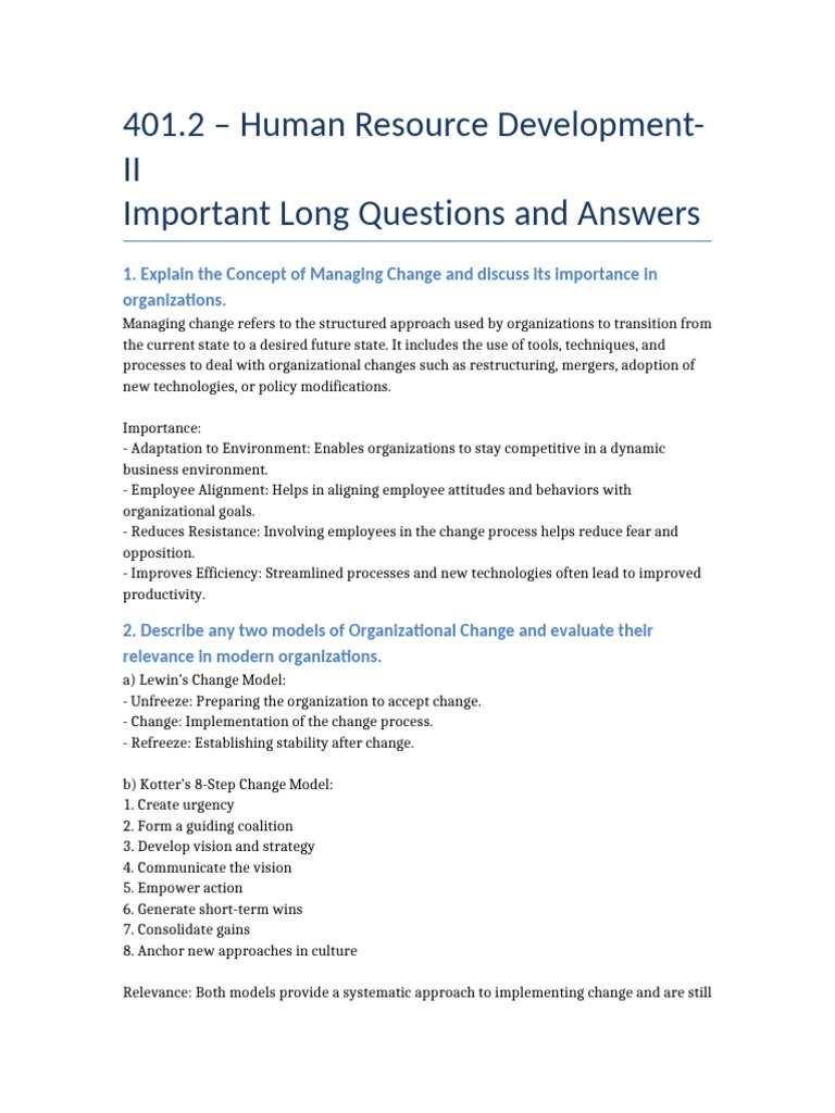 HRD II Long Questions Answers | PDF | Organization Development | Cognition
