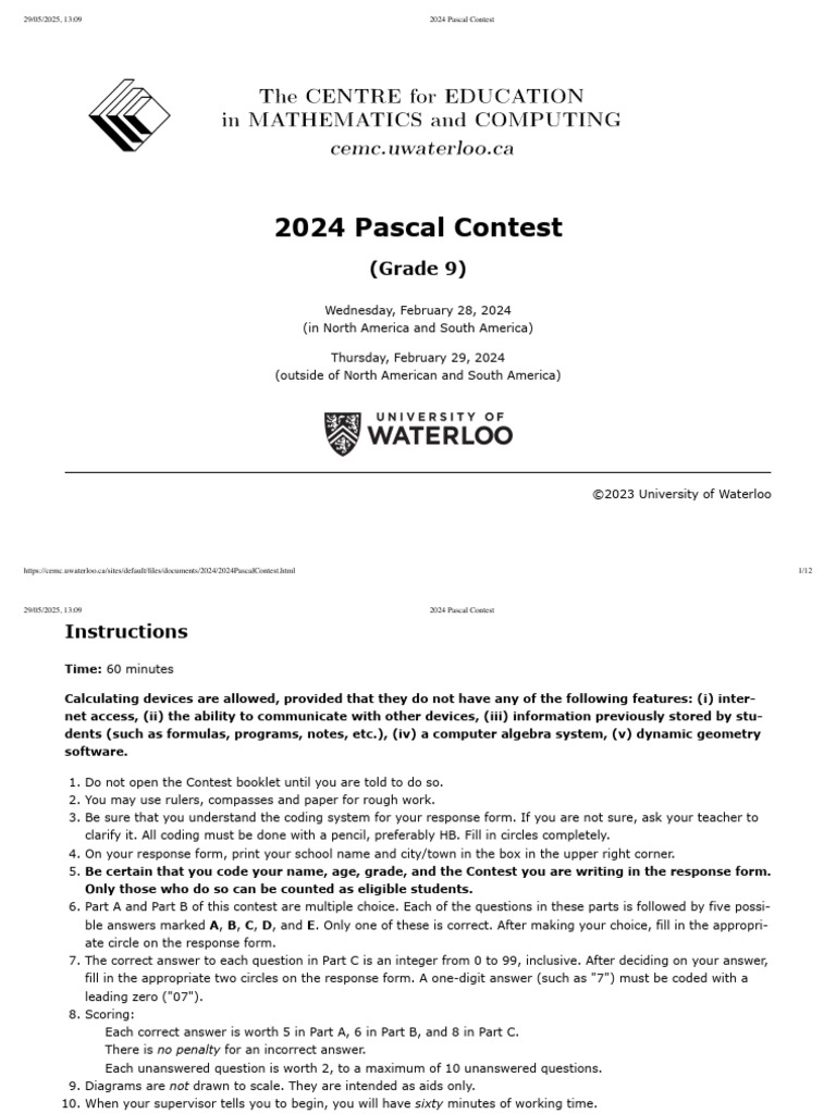 2024 Pascal Contest Guidelines | PDF | Area | Mathematics
