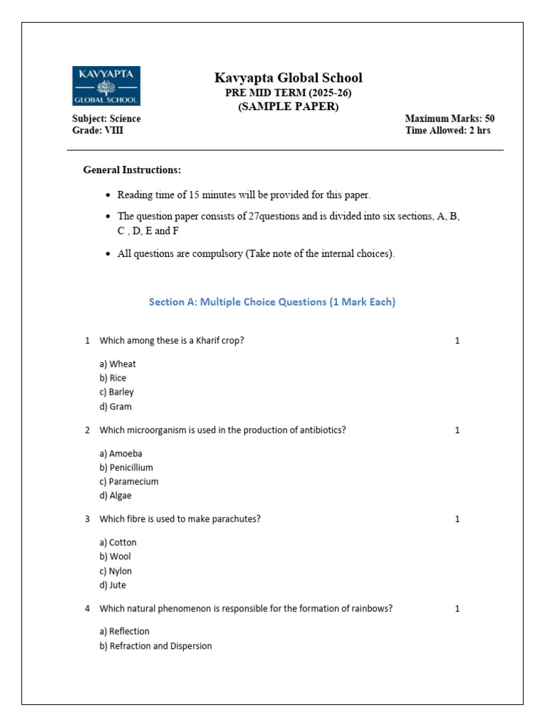 Class 8 Science Sample Paper 2025 | PDF | Ion | Agriculture