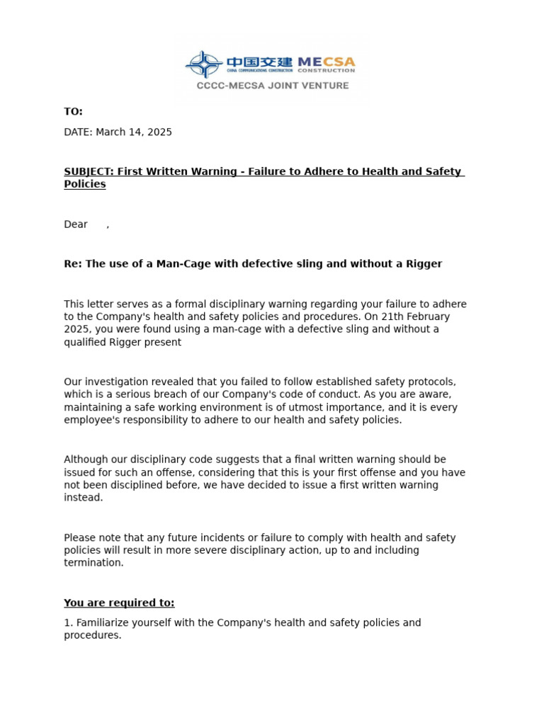 First Written Warning for Safety Violation | PDF