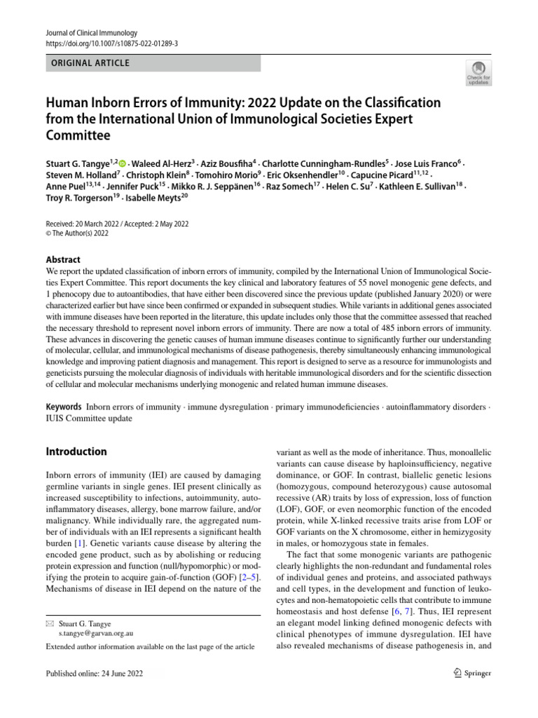 HUMAN INBORN ERRORS OF IMMUNITY - 2022 Update On The Classification ...