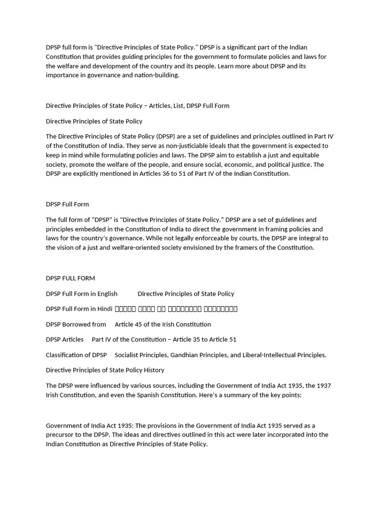 DPSP (Direct Princiole of State Policy) | PDF | Social Policy | Government