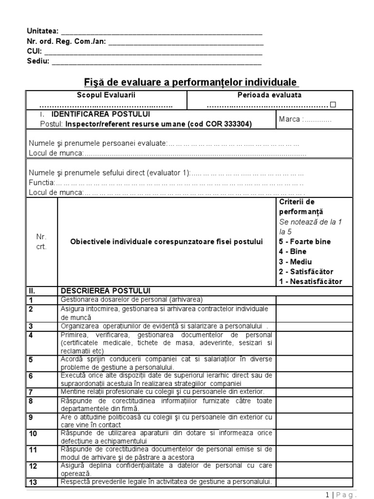 Fisa Evaluare Inspector Resurse Umane