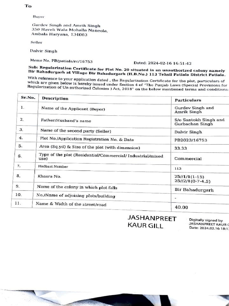 Regularization Certificate for Plot No. 20 | PDF