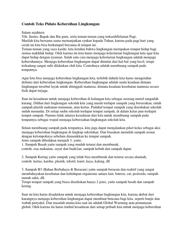 Contoh Teks Pidato Kebersihan Lingkungan Contoh Teks Pidato Kebersihan Lingkungan