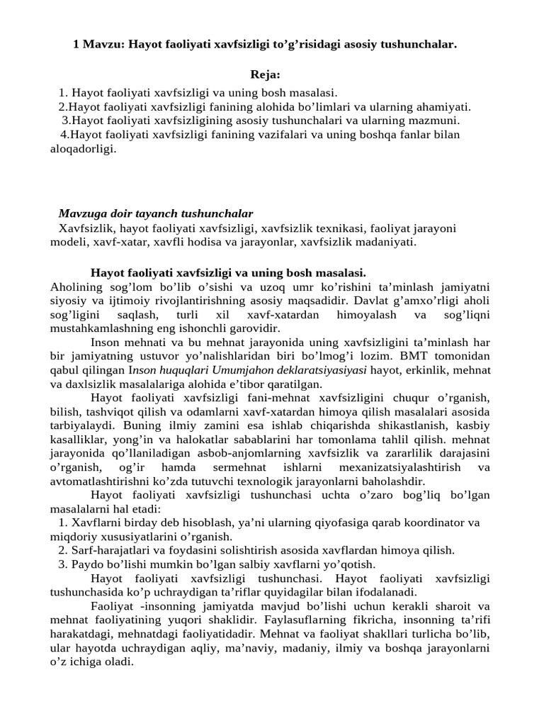 Mavzu - Hayot Faoliyati Xavfsizligi To'g'risidagi Asosiy Tushunch | PDF