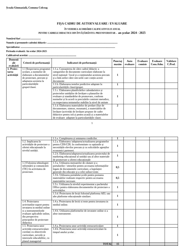 Fisa Autoevaluare 2024 2025 | PDF