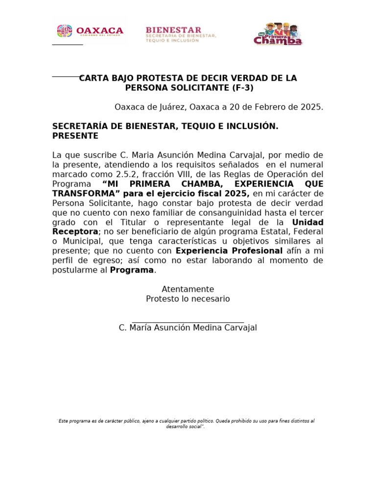 Carta de Protesta para Programa Mi Primera Chamba | PDF