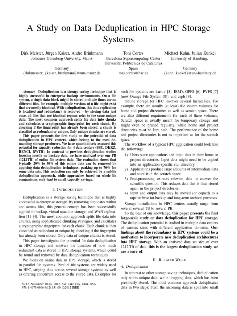 A Study On Data Deduplication in HPC Storage Systems. | PDF | Computer ...