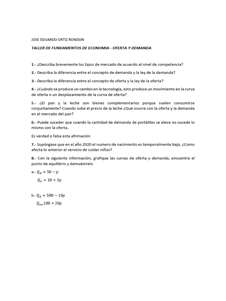 Taller de Economia | PDF | Oferta (economía) | Oferta y demanda