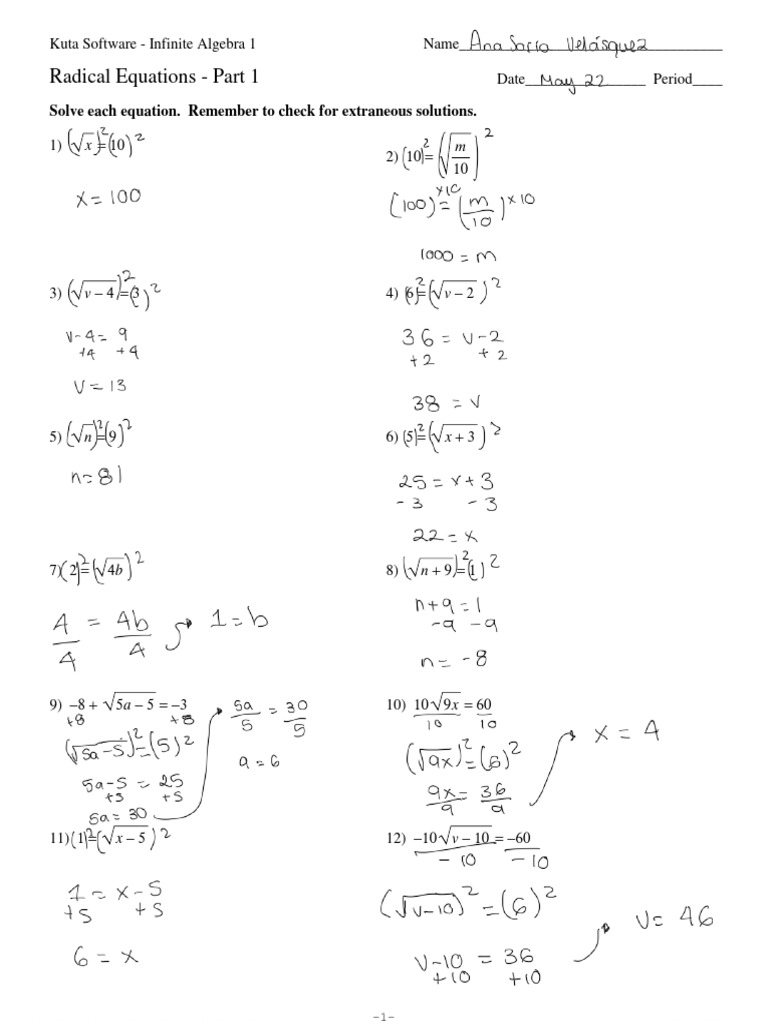 Radical Equations Worksheet Part 1 | PDF | Equations | Elementary ...