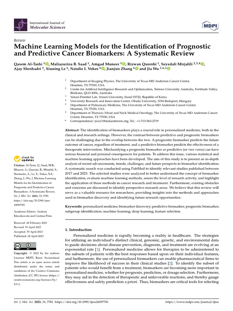 Machine Learning Models For The Identification of Prognostic and ...