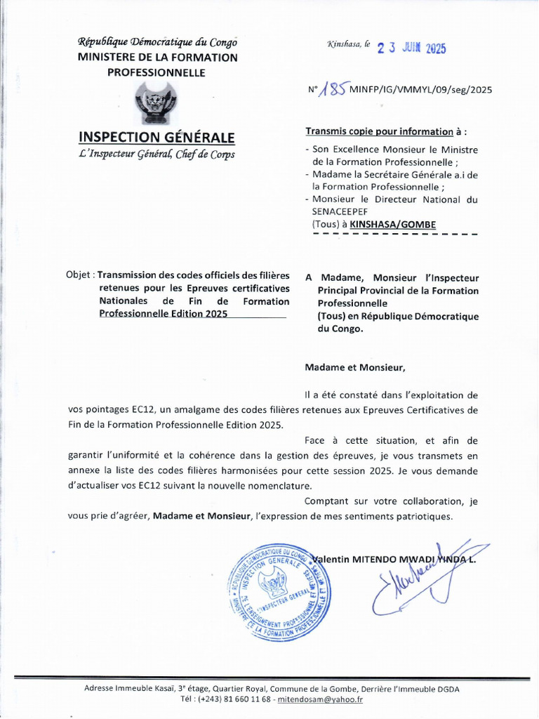 Transmission Des Codes Officiels Des Filières Retenues Pour Les ...