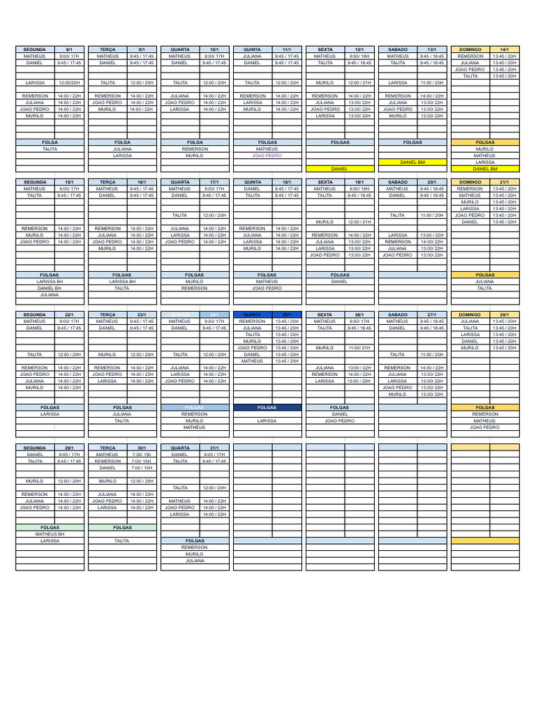 Escala de Trabalho e Folgas Janeiro | PDF