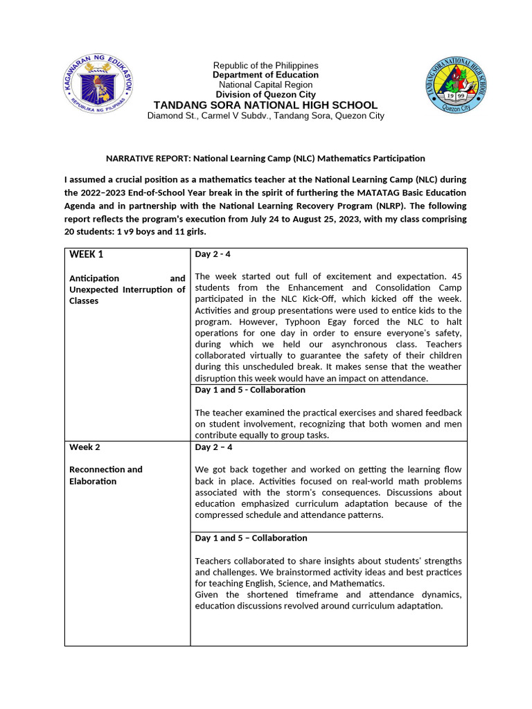 NLC Narrative Report MATH | PDF | Teachers | Collaboration