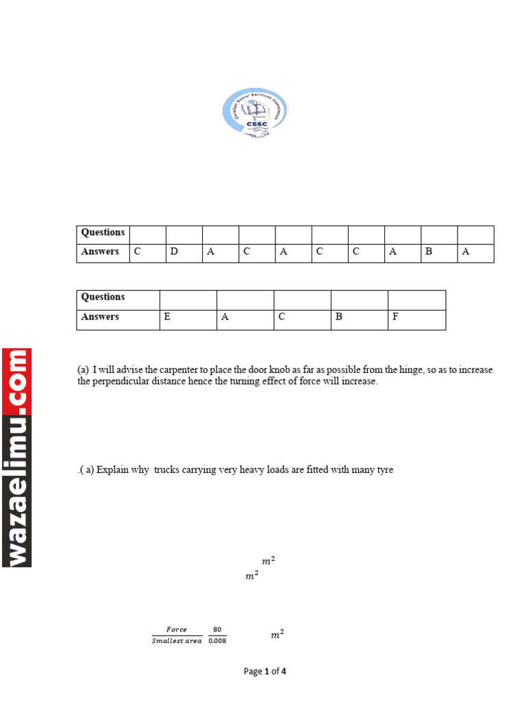 Form 2 Physics Exam Marking Scheme | PDF | Buoyancy | Physical Sciences
